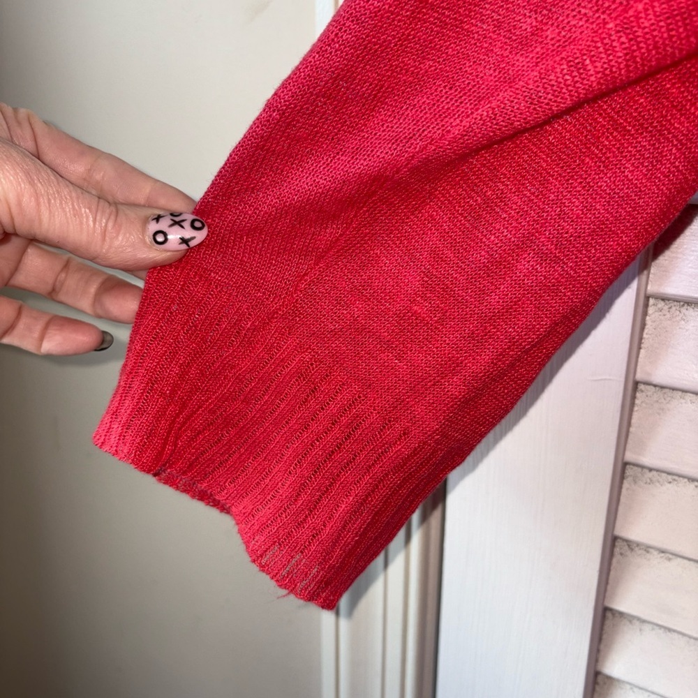 Eileen Fisher 100% Linen Open Front Cardigan Coral Red Size L Longline Knit - Picture 3 of 5